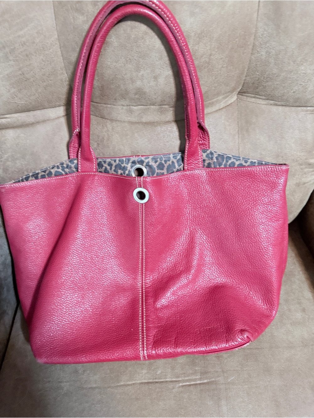 Red Leather Tote Bag with Leopard-Print Lining